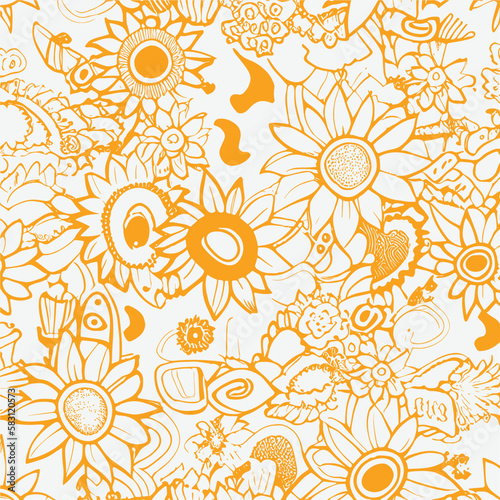 Groovy hippie 70s element in trendy flower and psychedelic style seamless vector pattern 