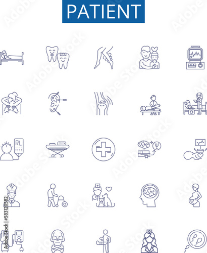 Patient line icons signs set. Design collection of Patient, Caregiver, Hypochondriac, Chronically ill, Bedridden, Clinician, Prone, Recovering outline concept vector illustrations