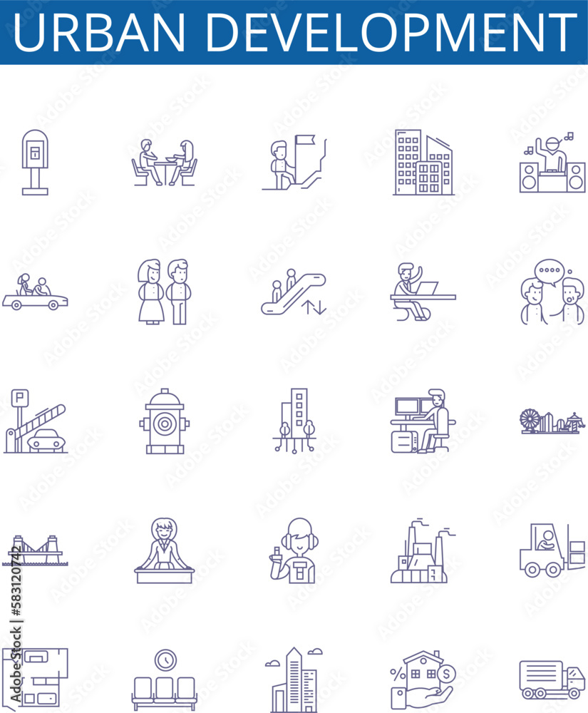 Urban development line icons signs set. Design collection of , Urbanization, Planning, Infrastructure, Transportation, Neighborhoods, Growth, Gentrification outline concept vector illustrations
