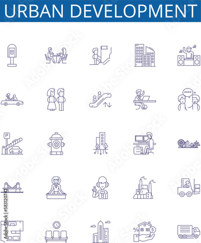Obraz na płótnie Urban development line icons signs set. Design collection of , Urbanization, Planning, Infrastructure, Transportation, Neighborhoods, Growth, Gentrification outline concept vector illustrations w salonie