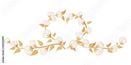 Floral background, floral arrangement in the shape of a heart, floral background with delicate flowers and branches of buds. Hand drawing. For stylized decor, invitations, cards, posters, flyers