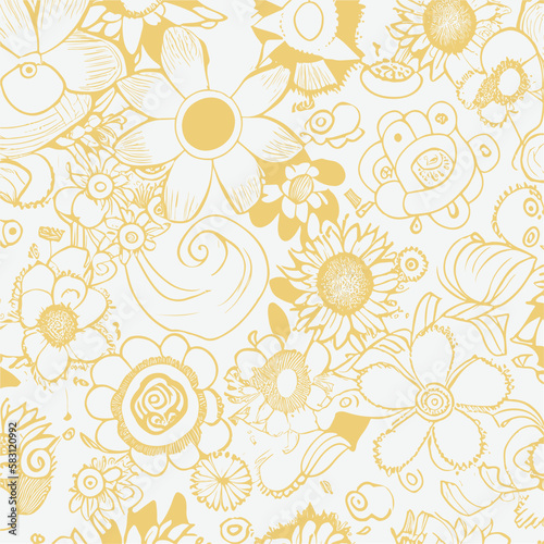 Groovy hippie 70s element in trendy flower and psychedelic style seamless vector pattern