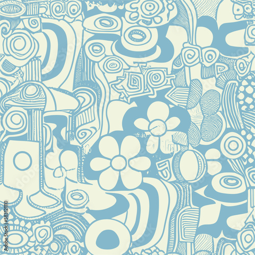 Groovy hippie 70s element in trendy flower and psychedelic style seamless vector pattern © Absent Satu