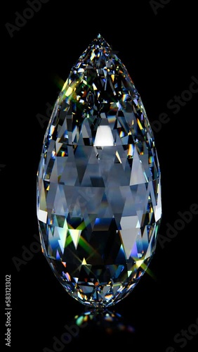 Diamond of teardrop briolette cut rotating on black background. Seamless loop 3D animation