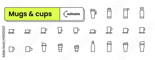Set of editable icons: mugs and cups (bottles, coffe cups, thermos, paper cup, water bottle, tall mug, sport bottle) photo