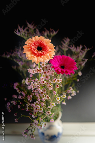 Peach and pink-colored Barberton daisy flower heads, waxflower, and Salt Cedar plant flowers in a vase for home decor illuminated by the sun rays on the dark wall backgrounds, selective focus