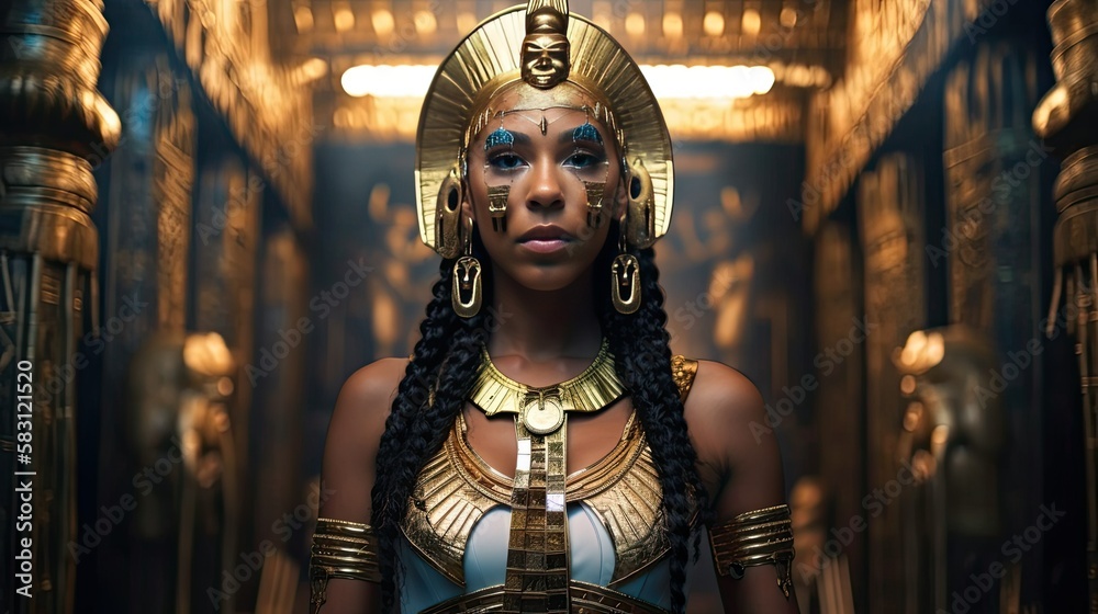 The Alluring Beauty of the Egyptian Goddess: A Stunning Black Woman Adorned in Golden Jewelry | High-Quality Stock Photo