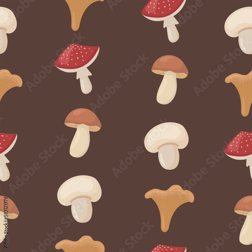 Seamless pattern with different mushrooms. Cartoon, flat illustration