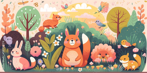 Joyful Jaunt: Spring Background Aesthetic with Cheerful Colors and Happy Animals