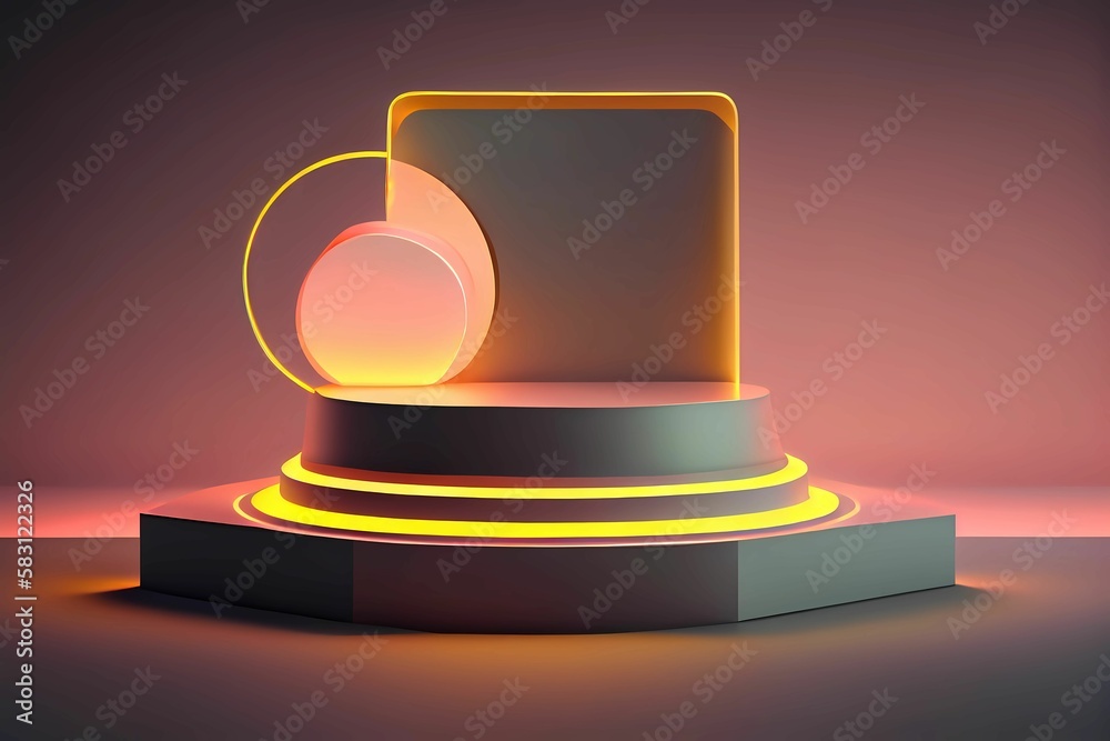 Empty podium for product with nothing stand on it in center, mockup, endless neon color background with shadow on background. Generative AI Empty podium for product with nothing stand on it in center, mockup, endless neon color background with shadow on background. Generative AI