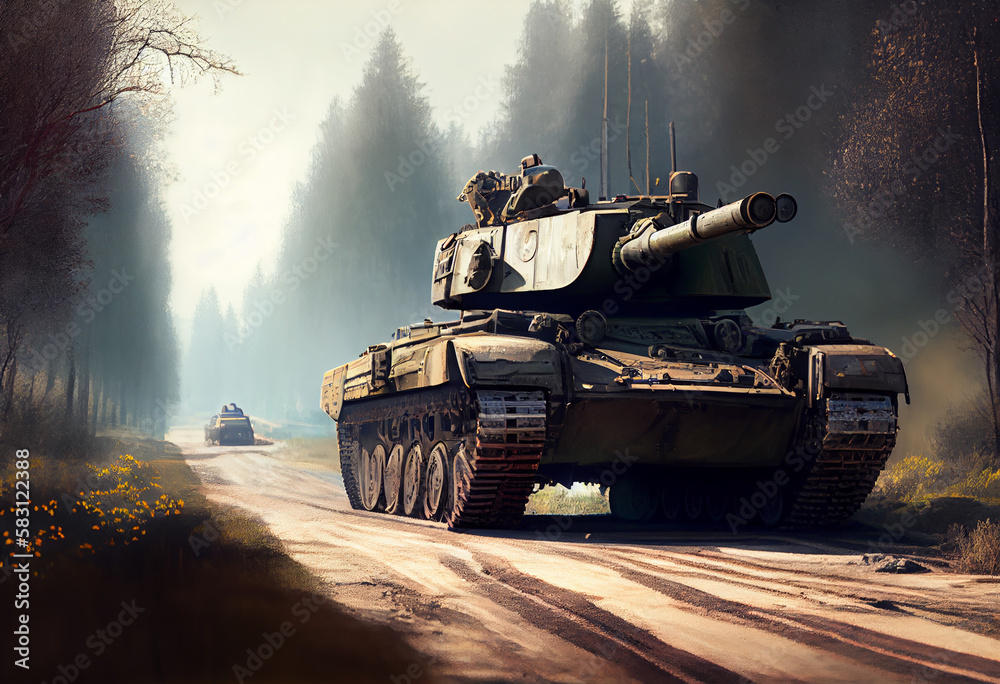 A tank convoy on a spring road. Generate Ai. A tank convoy on a spring road. Generate Ai.