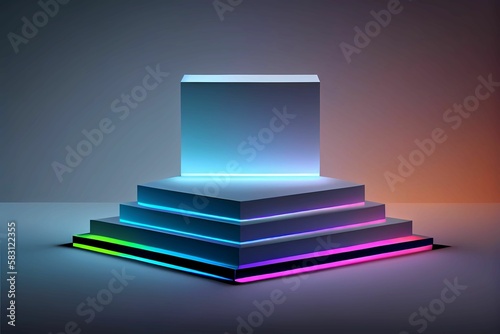 Empty podium for product with nothing stand on it in center, mockup, endless neon color background with shadow on background. Generative AI