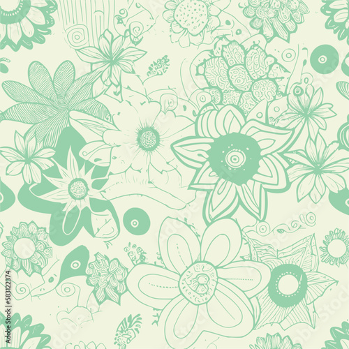 Groovy hippie 70s element in trendy flower and psychedelic style seamless vector pattern © Absent Satu