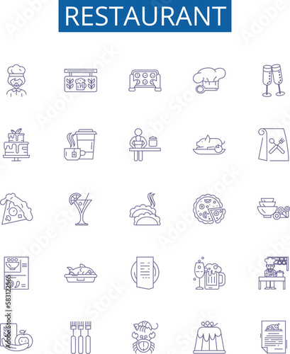 Restaurant line icons signs set. Design collection of Restaurant, Dining, Cafe, Eatery, Bistro, Cuisine, Eating out, Fast food outline concept vector illustrations