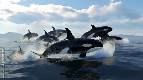 a pack of orcas swim through the ocean generative ai 