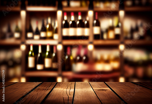 Wine wooden table background. Blurred wine shop with bottles. Generate Ai.