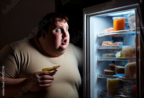 hungry obese man looking at food in the fridge at home at night. Generate Ai.