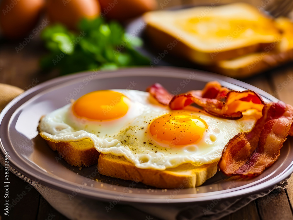 Two fried eggs sprinkled with pepper on white toasts. Slices of bacon on a plate. Some bread and eggs at backdrop in blur. Close up. Generative AI. Two fried eggs sprinkled with pepper on white toasts. Slices of bacon on a plate. Some bread and eggs at backdrop in blur. Close up. Generative AI.