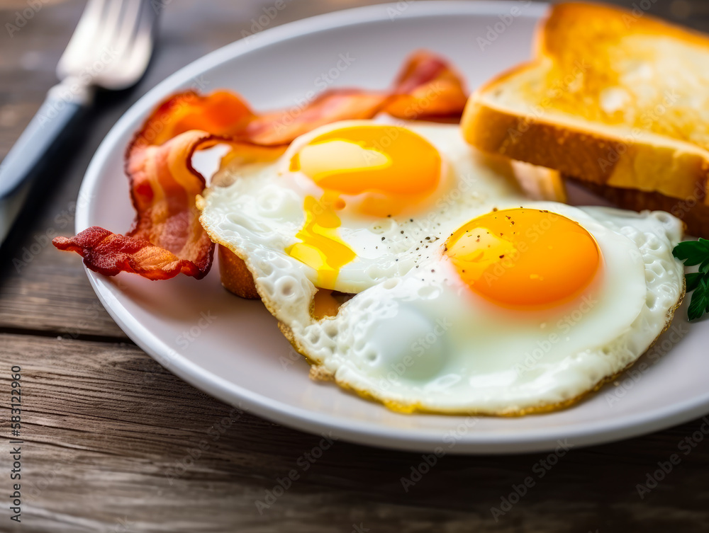 Plate with fried eggs, bacon and toast. Tasty breakfast on a wooden table. Close up. Generative AI. Plate with fried eggs, bacon and toast. Tasty breakfast on a wooden table. Close up. Generative AI.
