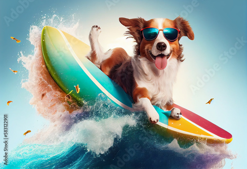 Funny dog in sunglasses rides a surfboard on the ocean waves. Summer vacation concept. Generate Ai.