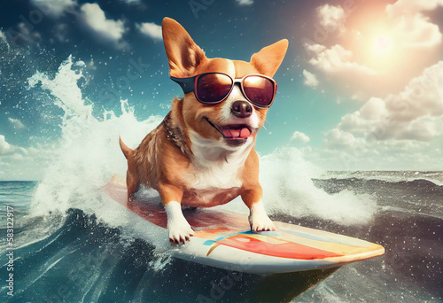 Funny dog in sunglasses rides a surfboard on the ocean waves. Summer vacation concept. Generate Ai. © AI_images