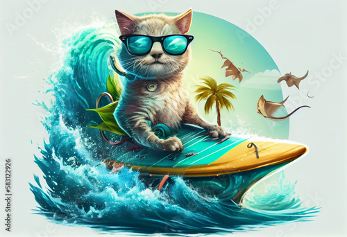 Funny cat in sunglasses rides a surfboard on the ocean waves. Summer vacation concept. Generate Ai.