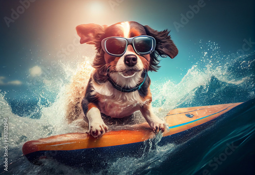 Funny dog in sunglasses rides a surfboard on the ocean waves. Summer vacation concept. Generate Ai. © AI_images
