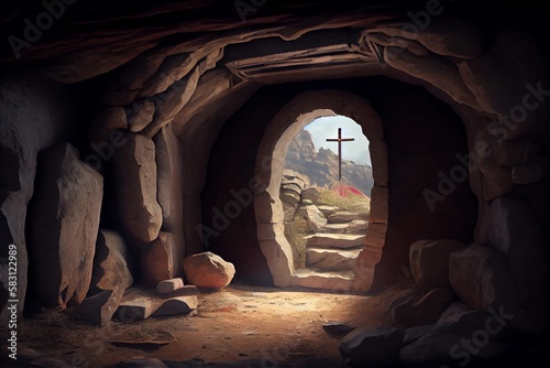 Jesus is risen, illustration of an empty tomb from inside, with a cross in the background. Easter card illustration.