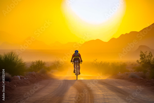 Lonely bicyclist riding by the dirt road at sunset time. Silhouettes of mountains at backdrop. Generative AI. © Vadim