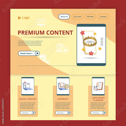 Premium content flat landing page website template. Digital strategy, copyright, long-range planning. Web banner with header, content and footer. Vector illustration.