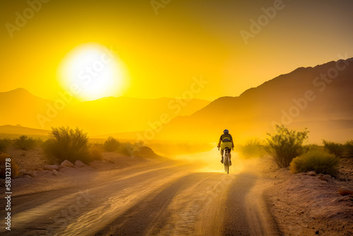 Cyclist riding by the dusty road among the mountains. Lone traveler rear view. Yellow sky at backdrop. Generative AI. © Vadim