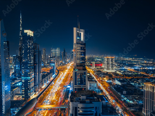 View of Sheikh Zayed Road at sunset in Dubai Downtown Financial center, UAE