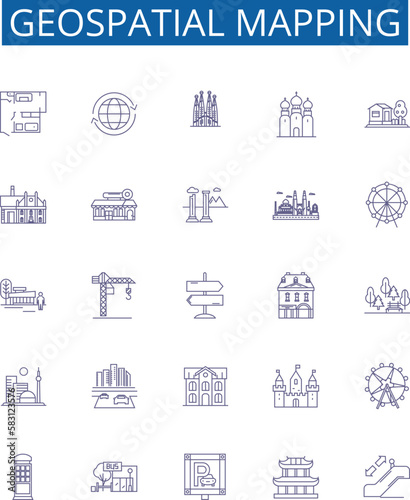 Geospatial mapping line icons signs set. Design collection of Geomapping, Geospatial, GIS, Mapping, Visualization, Surveying, Cartography, Analysis outline concept vector illustrations