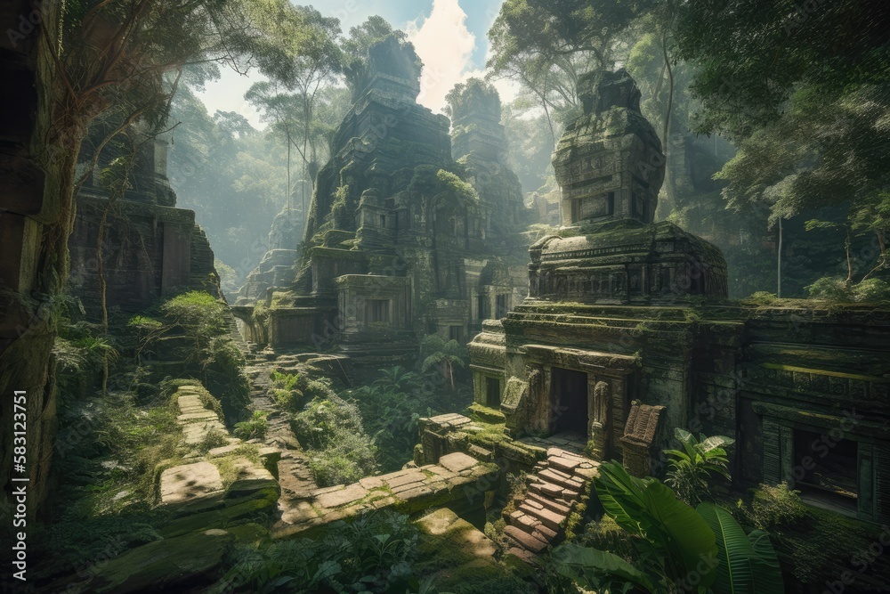 Fototapeta premium Bayon temple in an archaeological site. Generative AI
