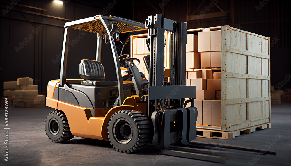 Forklift transporting cargo container in distribution warehouse ,generative AI