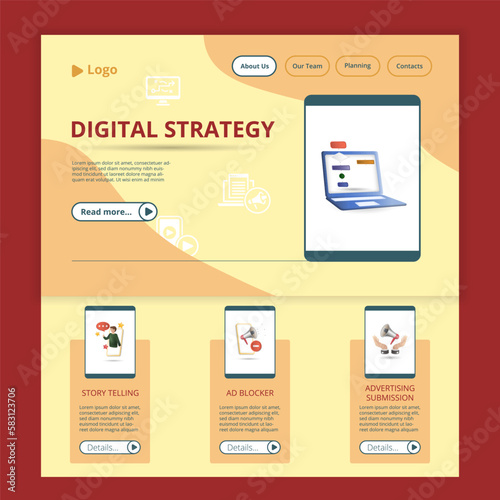 Digital strategy flat landing page website template. Story telling, ad blocker, advertising submission. Web banner with header, content and footer. Vector illustration.