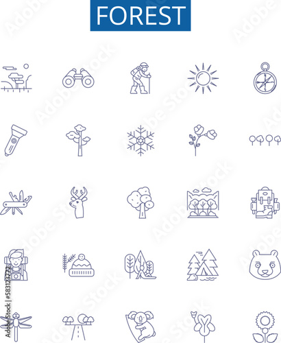 Forest line icons signs set. Design collection of Woodland, Trees, Jungle, Grove, Bush, Greenery, Glade, Canopy outline concept vector illustrations