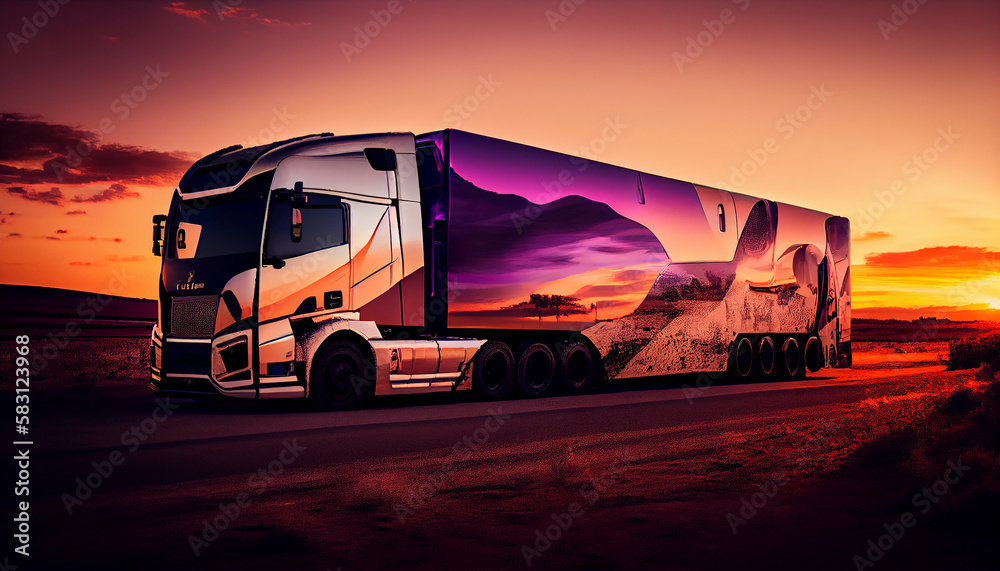 Obraz premium Truck driving through mountain pass at sunset ,generative AI