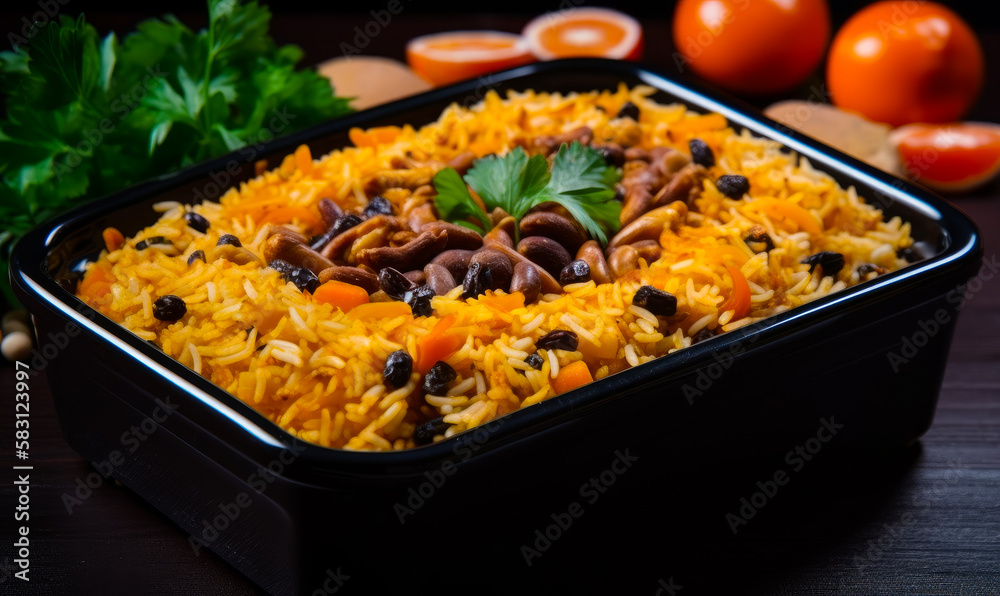 Savory rice dish in a black container. Close up. Parsley and some veggies at backdrop. Generative AI.