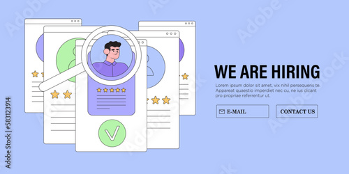 Recruitment agency, hiring employees. Hr manager selects the best candidate for job vacancy. CV, resume analysis. Hand drawn vector illustration isolated on purple background, flat cartoon style.