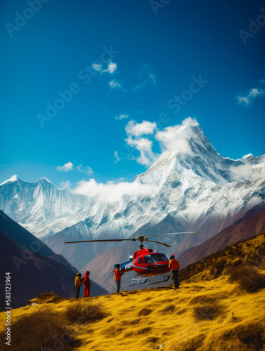 Helicopter landing in the mountainous landscape. Group of people waiting for the transport. Snowy mount and blue sky at backdrop. Generative network.