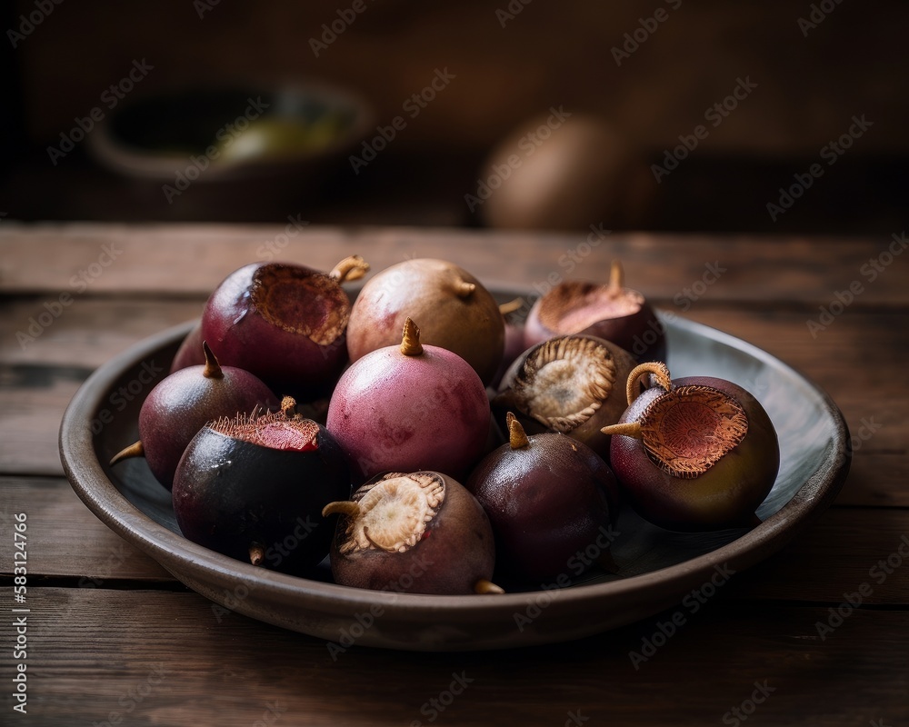 Luscious Mangosteen Halves Displayed on a Rustic Wooden Table Luscious Mangosteen Halves Displayed on a Rustic Wooden Table