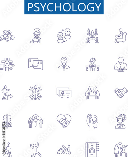 Psychology line icons signs set. Design collection of Psychology, Mind, Brain, Emotions, Behavior, Cognition, Development, Personality outline concept vector illustrations