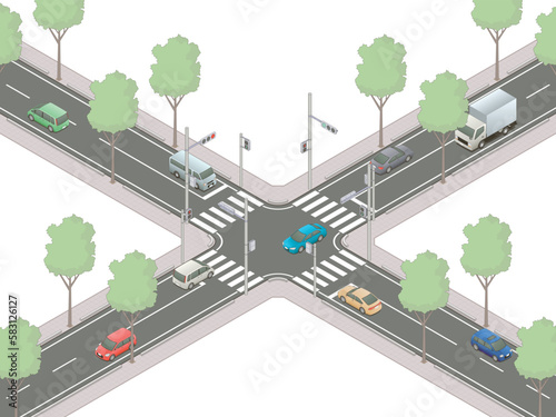 アイソメトリック図法で描いた信号交差点のイメージA / Japanese intersection. Isometric illustration