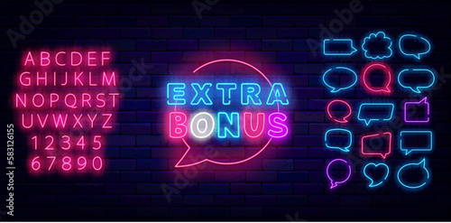 Extra bonus neon signboard on brick wall. Speech bubbles frames set. Vector stock illustration
