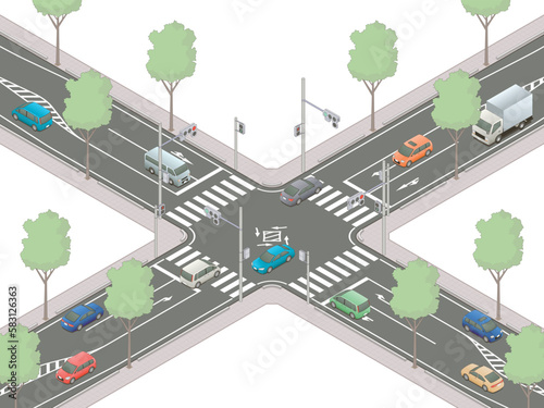 アイソメトリック図法で描いた信号交差点のイメージC / Japanese intersection. Isometric illustration