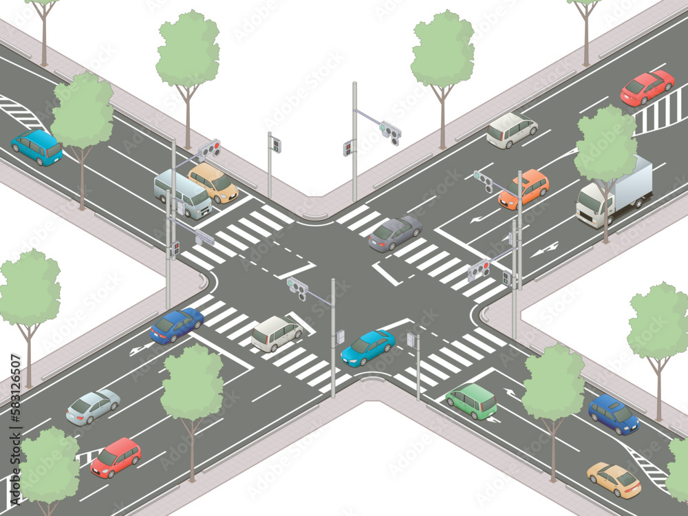 アイソメトリック図法で描いた信号交差点のイメージE / Japanese intersection. Isometric illustration アイソメトリック図法で描いた信号交差点のイメージE / Japanese intersection. Isometric illustration