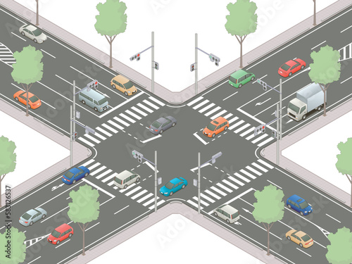 アイソメトリック図法で描いた日本の信号交差点イメージF / Japanese intersection. Isometric illustration