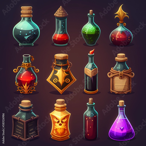 Unique Set of Cute Magical Potion Icons Generative ai photo