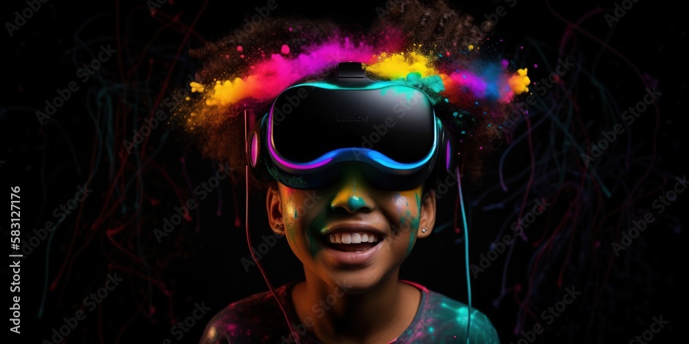 Portrait of African-American child wearing virtual reality headset. Vivid colors neon glowing HMD on girls`s face generative ai